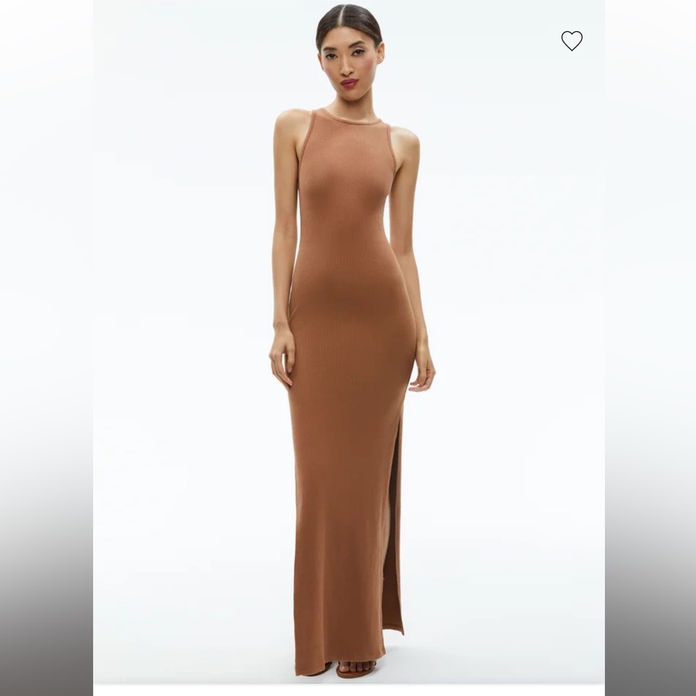 🏷️ NWT. Alice + Olivia Brown Colored Maxi Rib Knit Dress with Side Slits.